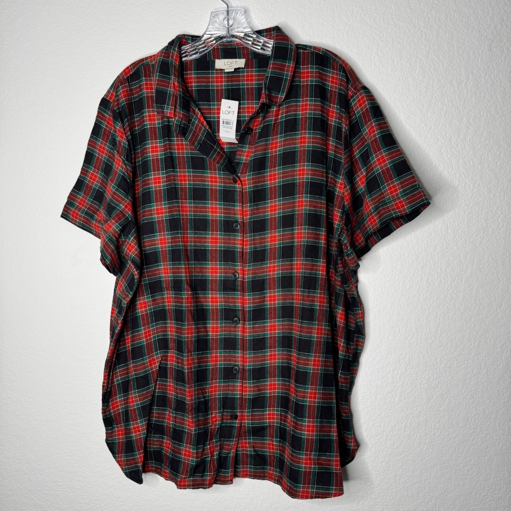 LOFT Sleep Womens XXL‎ Red Green Plaid Pajama Top Short Sleeve Button Down New